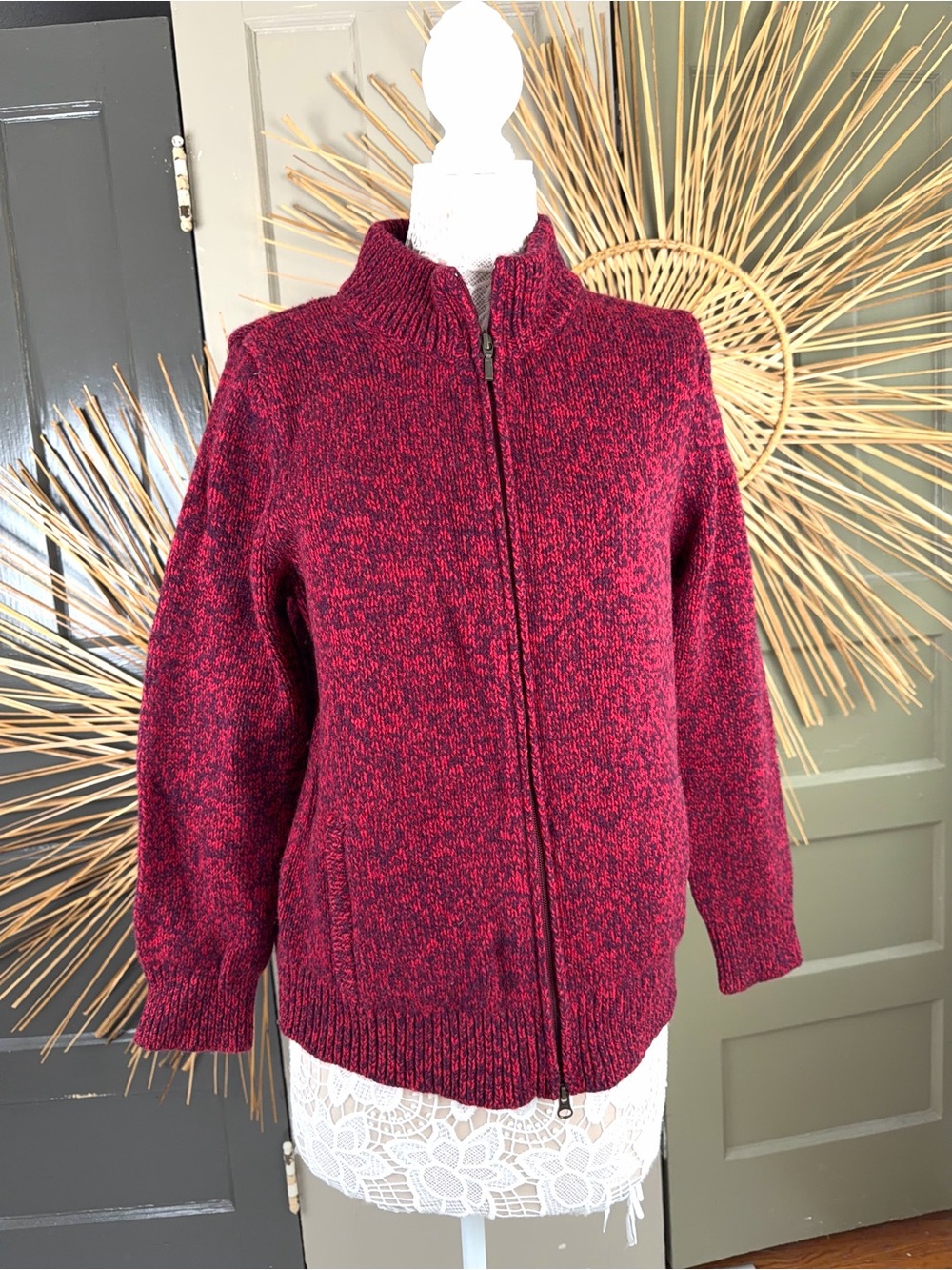 L.L. Bean Red Speckled 100% Lambswool Zip-Up Cardigan Sweater Medium